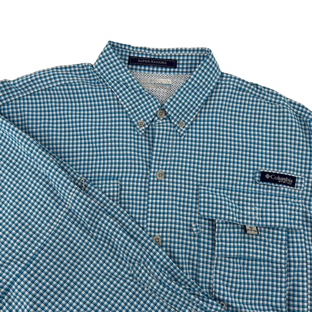 Columbia PFG Super Bahama Shirt Mens Large Blue Gingham Plaid Vented Fishing‎ LS